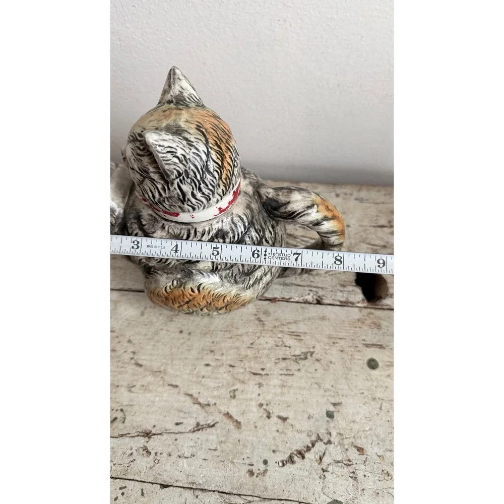 Vintage Japanese Hand Painted Ceramic Cat Teapot Grey Tabby Red Collar